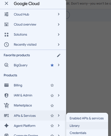 תפריט Google Cloud, בדרך ל-APIs & Services ול-Library