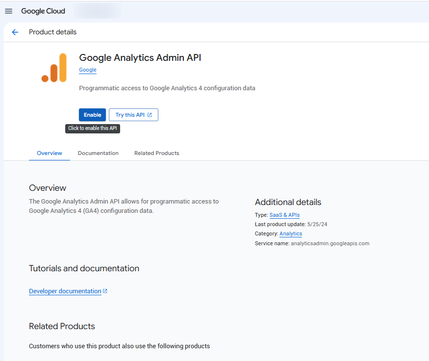 הפעלת Google Analytics Admin API בעמוד השירות ב-Google Cloud