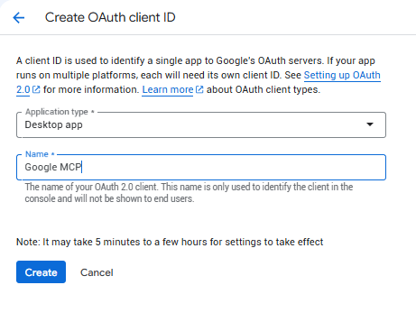 בחירת Desktop app כסוג האפליקציה של ה-OAuth client