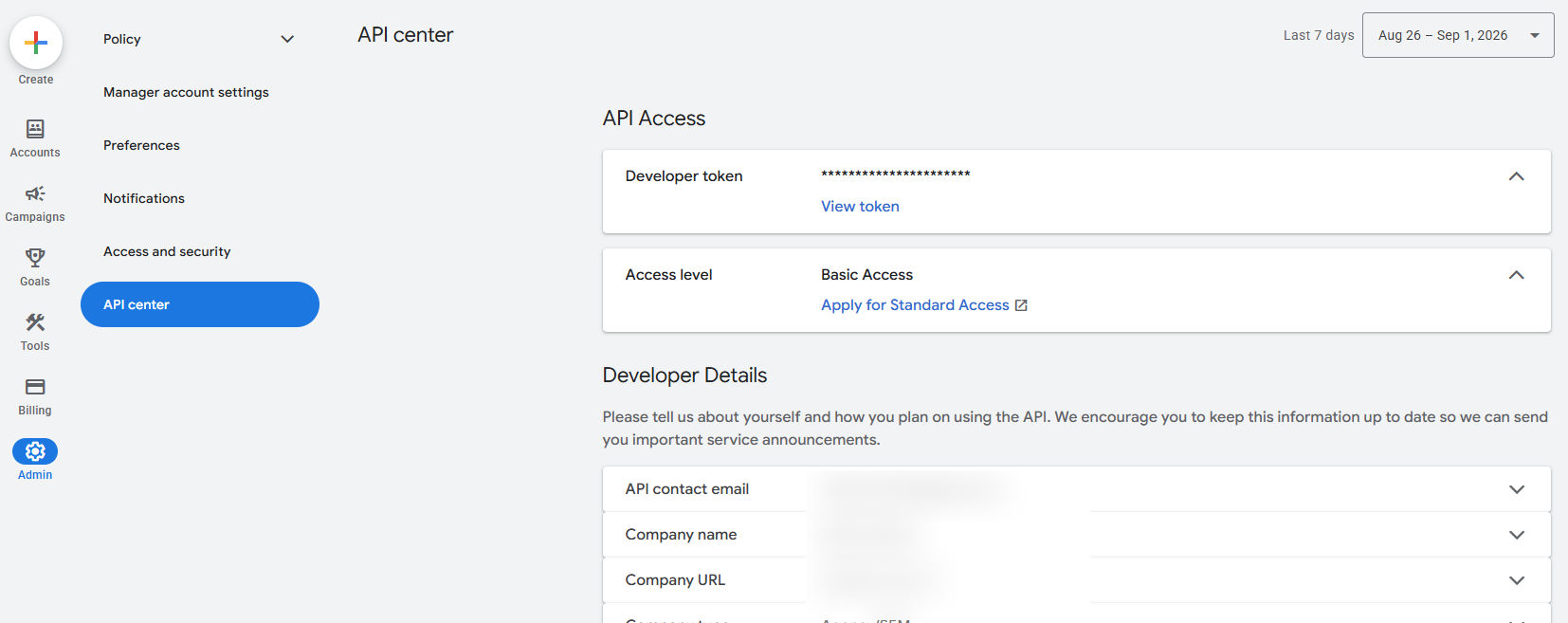 מסך API Center ב-Google Ads