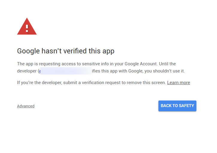 מסך האזהרה של Google שהאפליקציה עוד לא אומתה, שמופיע בהתחברות