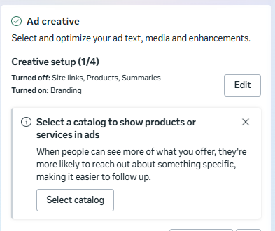 מסך Creative setup עם Products כבוי