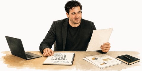 Etgar Shpivak at his desk, going over marketing plans